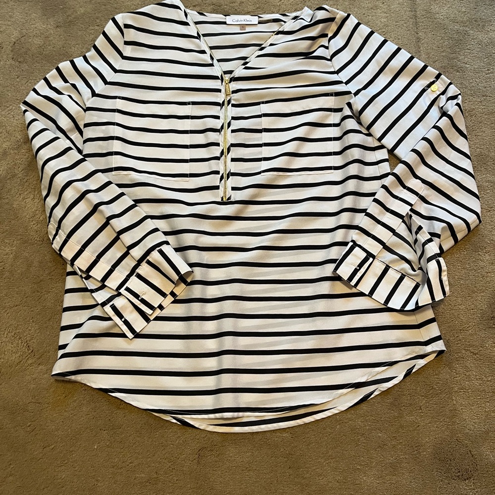 Calvin Klein Women's Black and White Striped Blouse